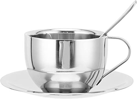 Tazas de capuchino, tazas de café expreso Juego de tazas de café de acero inoxidable Tazas de café con aislamiento de doble pared con cuchara y platillo para café(01)