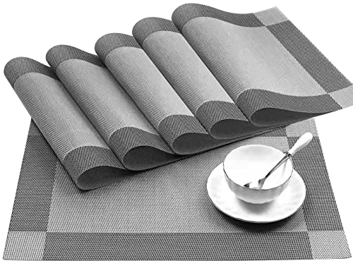 Tischset 6er Set, rutschfest Abwaschbar Platzset, PVC Hitzebeständig Platzdeckchen, Placemat Modern, Tischset für Küchen Zuhause Esszimmertisch Restaurant, Silber