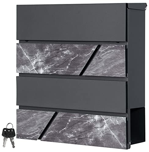 ML-Design Boîte aux Lettres Murale 37x36,5x11 cm, Anthracite/Imitation Marbre Noir, Acier, Boîte Postale avec Compartiment á Journaux/Courrier/Correspondance, Design Moderne, Verrouillable + 2 Clés