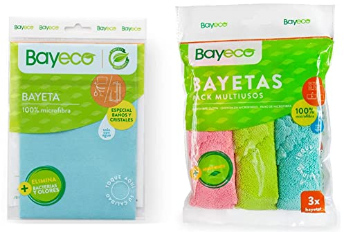 Bayeco - Bayeta Cristales y baños - Solución Espejos, Cristales y Limpieza del baño - 1 Unidad & Pack Bayetas Multiusos - 100% Microfibra