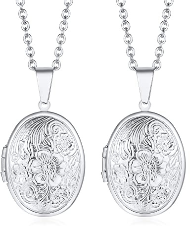 Weenkeey 2 pezzi ovale medaglione collana che contiene immagini in acciaio inox ovale medaglione collana ciondolo memoria foto collana per le donne ragazze - stile 2 argento