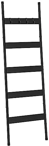 HOOBRO Blanket Ladder, 5-Tier Towel Rack with Hooks, Wall-Leaning Blanket Rack, Decorative Display Ladder Shelf, Scarves, Industrial, Living Room, Bedroom, Black BB52CJ01