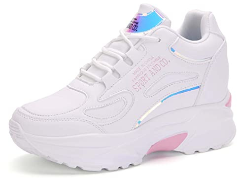MIXSEN Zapatillas Casual Mujer con Cuña Zapatillas con Plataforma Talón 8CM Zapatillas Mujer Deportivas Cuña Interior(Blanco-Rosa,36)