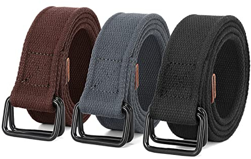 JASGOOD Men Canvas Fabric Belts Casual Web Cloth Belts with Black Double Ring Buckle 3 Pack (Black+Gray+Coffee,Fits Waist Size 33-38)