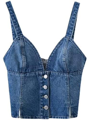 PEWRESLORS - Top in denim da donna, corsetto bustier, jean blu, crop top, streetwear, camicia push up, gilet (con cerniera), Blu, XX-Large Di Più
