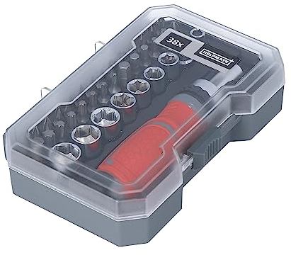 HELPMATE Juego de llaves de vaso y puntas de acero al cromo vanadio, resistente a la corrosión, soporte magnético de bits, incluye destornillador con función de carraca, 38 piezas