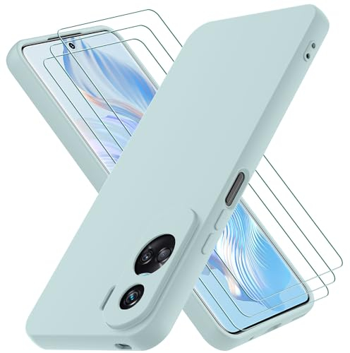 Oureidoo Funda para Honor 90 Lite con 3 Unidades Cristal Templado, Carcasa de Sedoso-Tacto Suave Silicona Líquida, Cubierta a Prueba de Golpes con Forro de Microfibra, Verde Claro