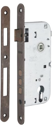 Serratura da incasso a cilindro europeo 85mm x 45mm, reversibile, piastra tonda, richiamo 1/2 giro, bronzo - THIRARD