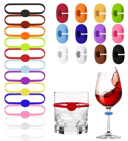 EKdirect 24 Stück Glasmarkierer, Wiederver Wendbare Glas Markierung Trinkgläser, Bunte Weinglas Glasmarkierer Silikon