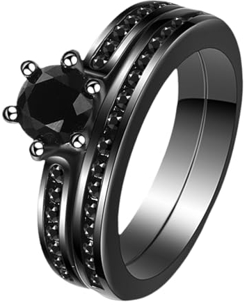 JewelryWe Ring Damen Edelstahl Solitärring: 2in1 Damen-Ring Schwarz Stapelringe mit Rundem Zirkonia Frauen Verlobungsring Ehering Versprechensring Bandring Hochzeit Band mit Gravur Größe 62