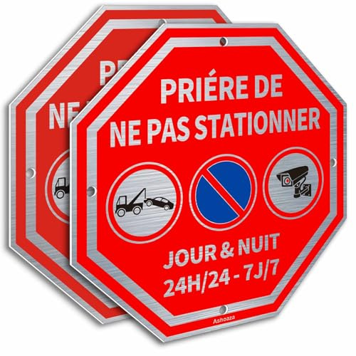 Ashoaza Stationnement Interdit Sortie Voitures Aluminium, 2 Parking Privée, Panneau Interdiction de Stationner Défense d'Entrer Octogonal 20 x 20 CM