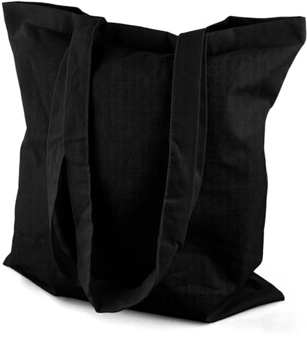 Netuno 1x bolsa tela algodón negra 38 x 42 cm 140g asas largas sin pliegue inferior reutilizable ecológica sin impresión ligera resistente para compras escuela deporte playa