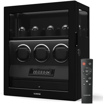 KLARSTEIN SecureTouch Caja para Relojes automáticos - Estuche para 7 Relojes con Motor silencioso japonés, 41 ajustes TPD, Bloqueo de Huella Dactilar, LED & cajón para Joyas