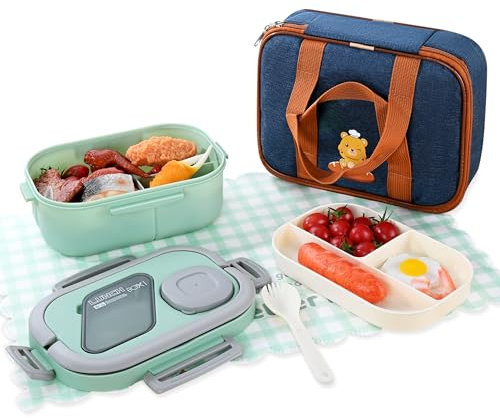 URBZUE Lunch Box, Bento Lunch Box Enfant Adulte Boîte | 1200 ml avec 2 Compartiments | Bento étanche sans BPA avec Couverts et Sac Isolant, pour Micro-onde Lave-vaisselle, École Pique Nique Travail