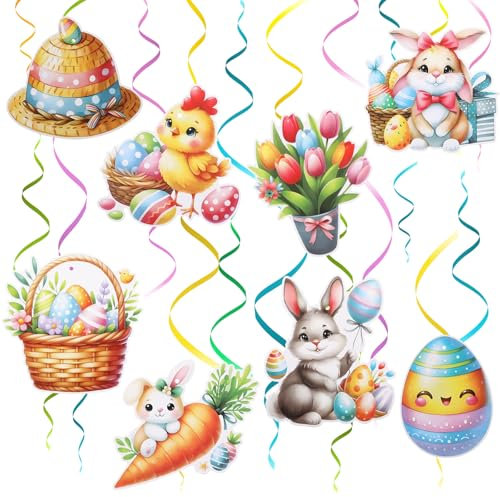 Simpeak 16 Piezas Decoracion Pascua, Huevos de Pascua para Decorar, Adornos Colgantes de Pascua con Huevos de Colores de Conejo, Serpentinas de Decoraciones de Pascua para Pascua Fiestas Temáticas