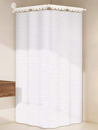 Vattentäta våffelduschdraperier med justerbara sugkoppstänger – vikbar och infällbar design för badrum hörnbadkar (vit 163 cm / 64,2 tum)