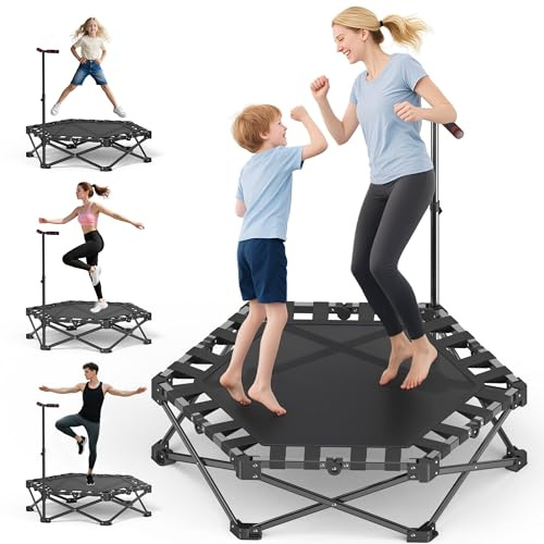RYGEO Mini Fitness Trampoline with Adjustable Handle Bar, Black, Indoor Exercise Rebounder for Kids, Foldable Frame