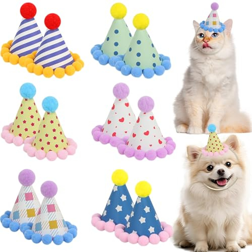 DRANSMIC 12 Pack Mini Party Hats for Stuffed Animals, Mini Hats with Pom Poms Dog Birthday Party Hats for Dolls Dog Cat Pet Birthday Decoration