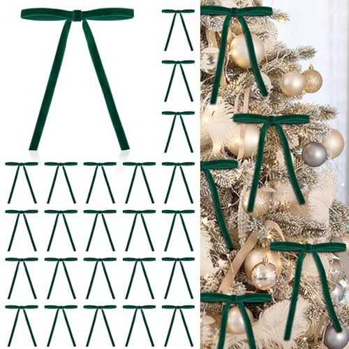YUYWWAN 24 Stück Samtschleifen Weihnachtsbaum, 5 x 7 Zoll Weihnachtsbaum Deko Schleifen, Exquisite Weihnachtsbaumschleifen, Vintage Schleifen Weihnachten für Drinnen Draußen Wohndeko (Dunkelgrün)