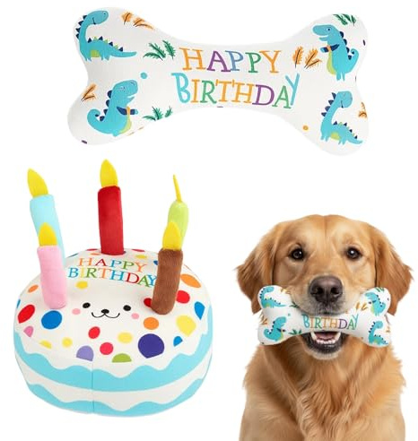 Dog Birthday Toy Set, 2 Plush Toys For Pet Birthday Celebration, Birthday Cake For Dogs,Soft Chew Toys For Dogs, Birthday Cake And Bone Design