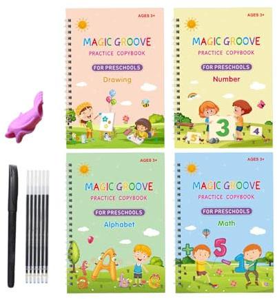 Übungshefte mit gerillten Handschriften, wiederverwendbares magisches gerilltes Handschrift-Arbeitsbuch für Kinder, Buchstaben, Anfängerbuch für Kinder, mit 4 Büchern, Vorschularbeitsbuch für