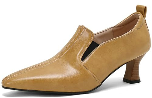Zapatos de tacón bajo Tipo Kitten para Mujer en Piel sintética PU Brillante, Punta Fina, Slip-on, diseño de cocodrilo, Elegantes para Oficina, Trabajo, Fiesta y Boda, cómodos,Amarillo,41 EU
