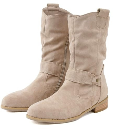 Botas vaqueras de gamuza de tacón bajo para mujer, botines casuales puntiagudos con cremallera, cómodos zapatos planos holgados a media pantorrilla, beige, 41 1/3 EU