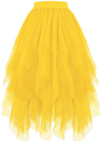 JASGOOD Jupe Tulle Femme Mi-Longue Jupe Tutu Asymétrique Haute Taille Élastique pour Quotidien Fête A-Ligne Mi-Mollet,Jaune,M