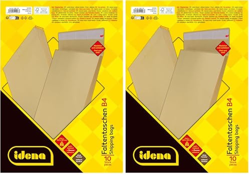 Idena 11093 - Buste per corrispondenza DIN B4, 10 pezzi adesivi, buste pieghevoli con piega inferiore di 4 cm, buste senza finestra, in carta riciclata FSC da 140 g/m² in marrone (Confezione da 2)