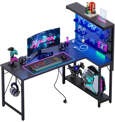 Xyphren L Shaped Gaming Desk with Pegboard Hutch & Shelves, Corner Computer Desk with Power Outlet, Reversible Office Desk with 3 Detachable Trays for Home, Bedroom, 120 * 80cm, Black