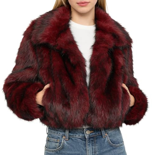 Amazhiyu Manteau en fourrure synthétique pour femme - Veste en fourrure synthétique - Veste courte en peluche - Veste d'hiver en fausse fourrure - Col ouvert avec poches