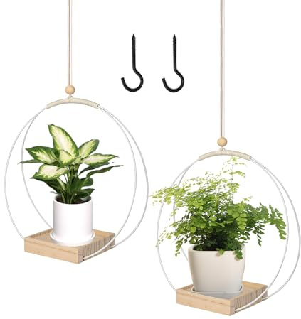 BDHYYM 2 st hängende blomkrukor inomhus, metallring med träfot, hängkrukor för växter, hängende blomkruka, blomkruka inomhus, hängende växtkrukor med upphängningskrok ingår