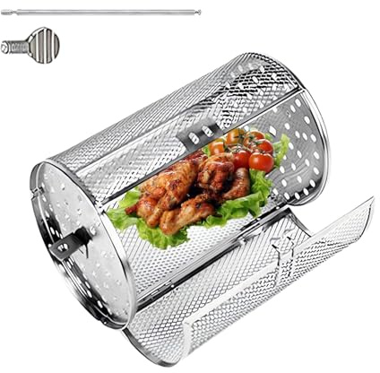 Cesta giratoria para parrilla, de acero inoxidable, para cocinar uniformemente, versátil cesta de parrilla veterinaria para resultados perfectos de barbacoa