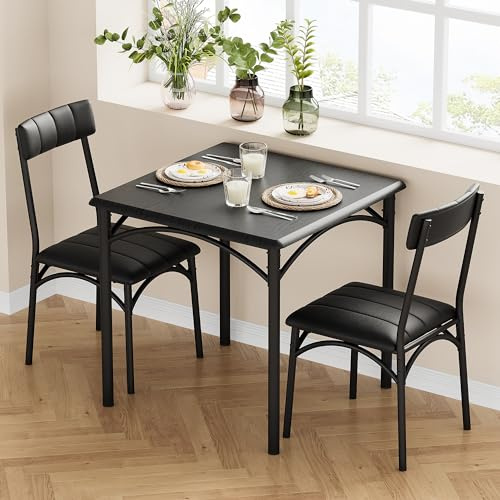 Aptliton 3 Piece Dining Set for 2, Square Kitchen Table with 2 Upholstered Chairs, Space-Saving Chairs, Rounded Corners, Sturdy Metal Frame, Compact Set for Apartment, Studio, Small Kitchen, Black