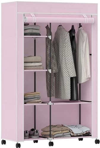 HOMCOM Armoire Penderie en Tissu Mobile 6 roulettes 103x43x162,5cm Rose | Meuble de Rangement, Tringle à Vêtements, Étagères Ouvertes, Penderie Vêtement Dressing Roulant, Chambre à Coucher