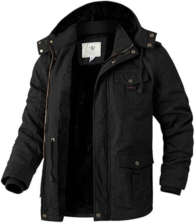 WenVen Men’s Winter Warm Parka Jacket Thickened Fleeced Lining Coat Windprooof Hooded Jackets Quilted Cotton Padding Mid-Length Casual Outerwear Coats Black XXL