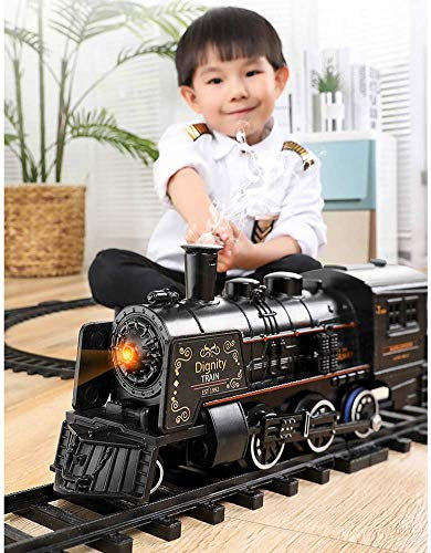 Electric Road Model Toy, Bprtcra Steam Locomotive Charging Train Set with Realistic Train Sound Lights and Smoke Black
