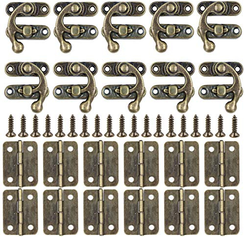 Antike Latch Hook Hasp Retro Verschluss Links/Rechts Horn Lock 10 Stück Antik Riegel Haken Verriegelung Verschlusshaken + 12PCS Kleine Box Scharniere mit Schrauben, Perfekt für Holzkiste Dekoration