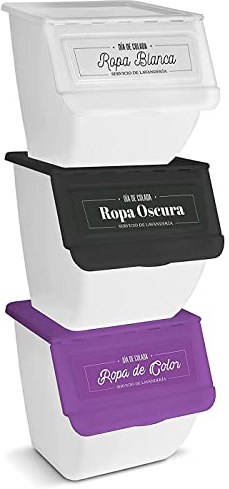 AC - Pack de 3 Contenedores apilables de Polipropileno - Cubo para el Almacenamiento de Ropa, Ordenación por Colores – 36 L – Ropa Oscura, Clara y Color - 36 x 38,5 x 38 cm