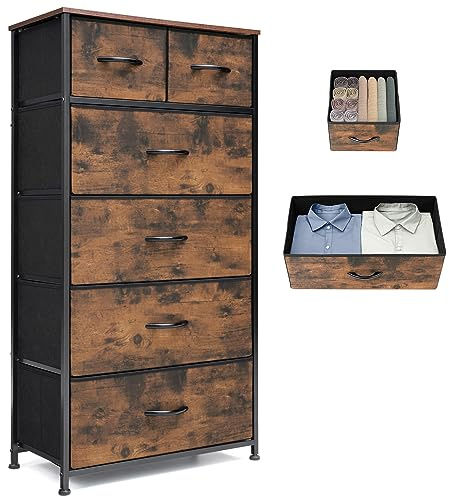VredHom Fabric Dresser for Bedroom, Tall Skinny Dresser with 6 Drawers, Storage Organizer Tower, Steel Frame Wooden Top for Closet, Living Room, Hallway(Rustic Brown)