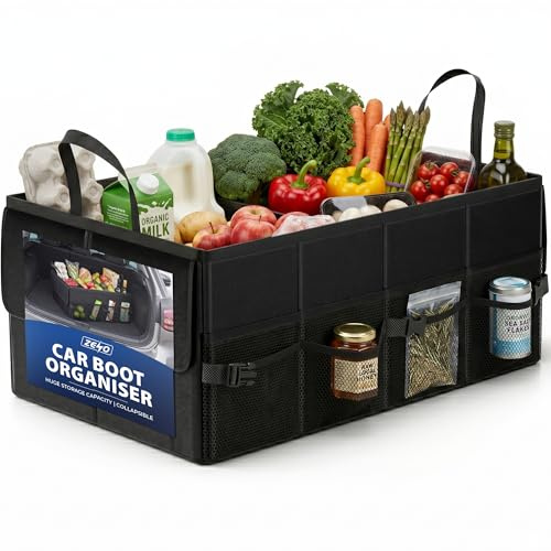 ZENO Car Boot Organiser Bag | Car Boot Tidy Storage | Collapsible Heavy Duty Trunk | Portable Multi Compartment Shopping Holder | Non Slip & Adjustable Securing | Black