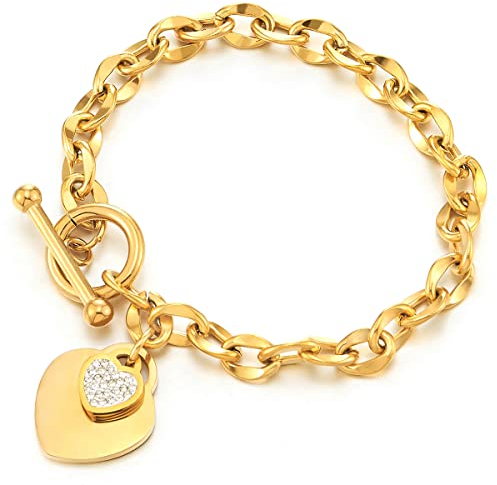 COOLSTEELANDBEYOND Edelstahl Damen Goldfarben Gliederkette Armband mit Baumelnde Herz von Zirkonia, Knebelverschluss