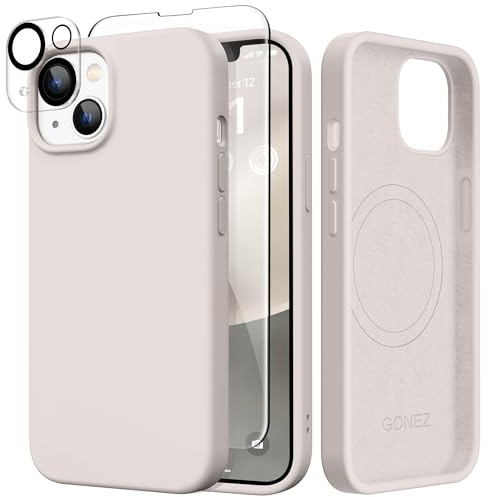 GONEZ Magnetic for iPhone 14 Case, Compatible with Magsafe, with Screen Protector + Camera Protector, Anti-Scratch Microfiber Lining, Liquid Silicone Shockproof Protective Phone Case, Stone
