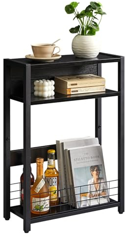 IBUYKE Kleiner Beistelltisch mit Zeitschriftenhalter,3 Etagen,Schmaler Beistelltisch mit Lagerregal,moderner Sofatisch für schmale Räume,Couchtisch,SchwarzTMZ001B