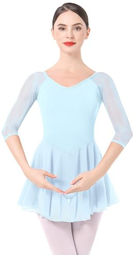 IMEKIS Vestido de ballet para mujer, manga 3/4, leotardo de gimnasia con falda de gasa, ropa de baile de bailarina, azul, L