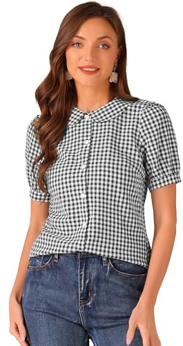 Allegra K Blusas de manga corta abombada con cuello Peter Pan para mujer, Negro, M