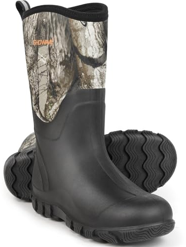 Showave Classic Men's Rubber Boots Waterproof Rain Boots Insulated Neoprene Boot Mud Boot for Farming Hunting Gardening Yard Chore Working, Size 11,Camo