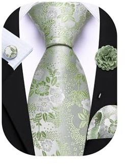 Barry.Wang Corbata con estampado floral para hombre, corbata de seda, pañuelo, gemelos, set, boda formal, fiesta, negocio, Talla única