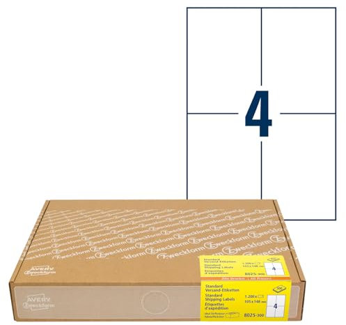 AVERY Zweckform 8025 Versandetiketten (1.200 Klebeetiketten A6, 105x148mm auf A4, bedruckbare Versandaufkleber für Hermes, DHL, GLS, DPD, UPS, Fedex, selbstklebende Adressetiketten, 3483) 300 Blatt