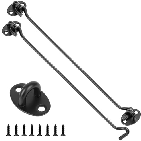 2 Pack Hook and Eye Latch Black 300mm(12) Cabin Hooks and Eye Metal Door Hook Latch Heavy Duty Cabinet Latches for Door Gate Window Closet Shed